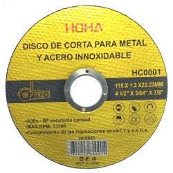 DISCO CORTE METAL Y ACERO INOX 4.5 - 115 mm x 1.2 eps.
